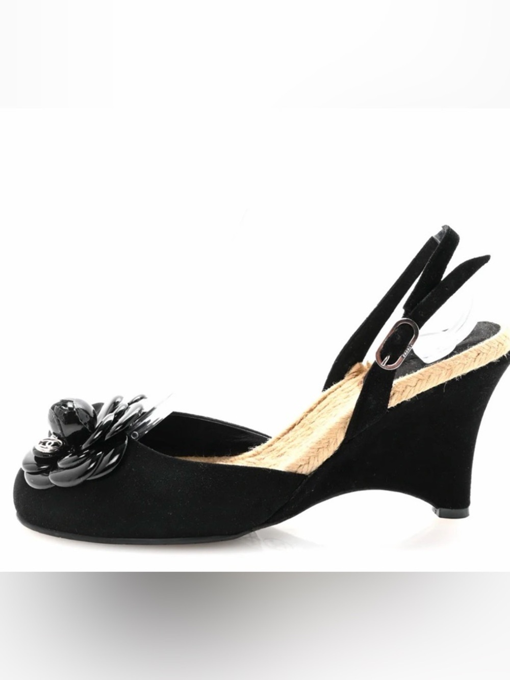 CHANEL
Velvet Patent Camellia Espadrilles Wedge Sandals 37 Black